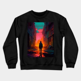 lost boy in a cyber neon cityscape Crewneck Sweatshirt